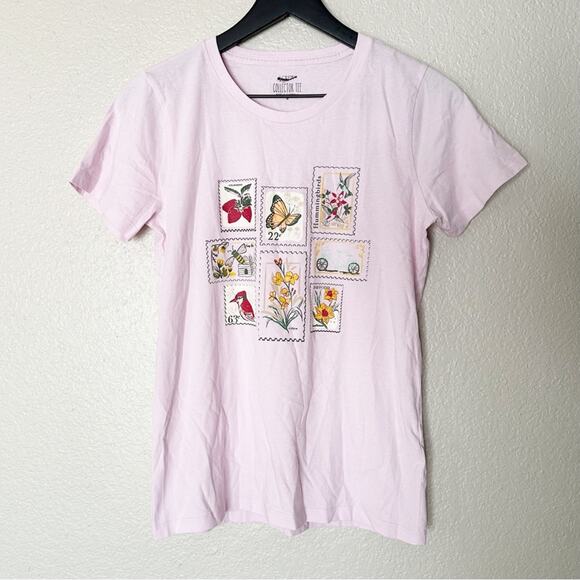 J. Crew Factory Womens Shirt Stamps Graphic Tee Pink Size Small - Picture 1 of 9